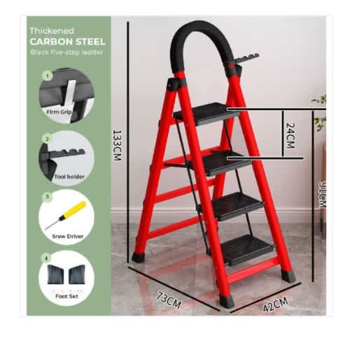 4 Steps Steel Ladder - Multipurpose Ladder For Home / Office - Red Industrial Ladder