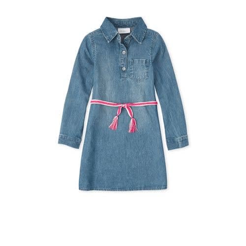 Girls Denim Jeans Shift Dress With Braided Belt- Blue