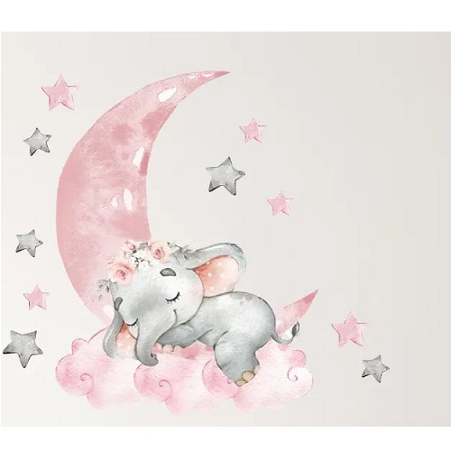 Moon Sleeping Elephant With Garland Wall Sticker - 30*90cm - Pink