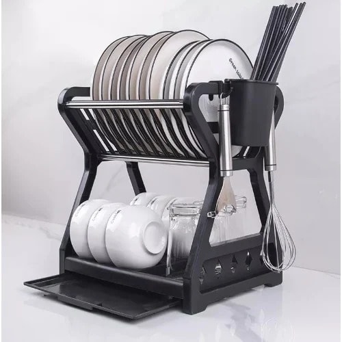 Dish Drying Rack2 Tier Dish Racks With Tray - Cup Utensil Holder - Black