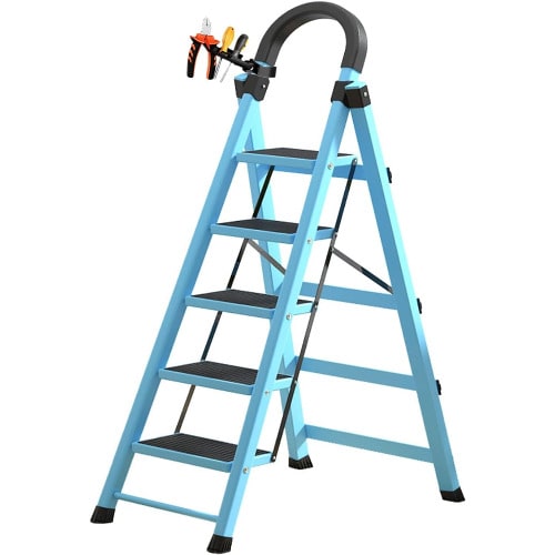 Non-slip Ladder - Folding Steel Multipurpose 5 Steps Ladders-blue