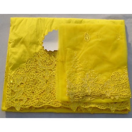 Yellow Embroidered and Beaded Indian Lace George with Blouse - 7 Yards