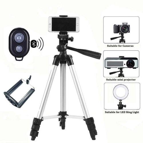 Aluminum 3110 Tripod Stand + Bluetooth Remote Shutter + Phone Clip & Bag