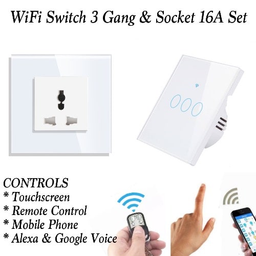 Home Automation 3 Gang Smart Wifi Switch And Socket Set