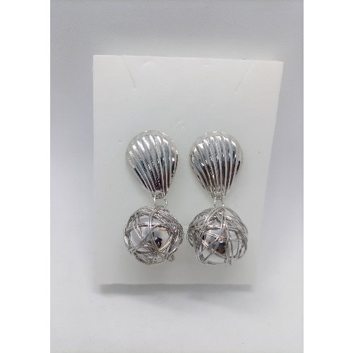 Metal Shell Caged Ball Drop Earrings - Silver