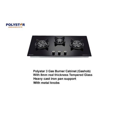 Polystar 3 Burner Gas Cooker Hob- Black