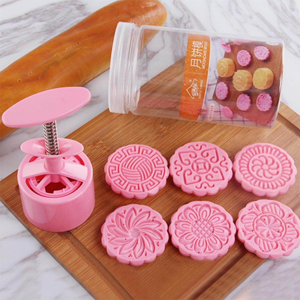 Moon Cake Mold 6 PCS Mid Autumn Festival DIY Hand Press Cookie Stamps Pastry Tool Moon Cake Maker Flower Mode Patterns 1 Mold 6 Stamps 50g White 708369
