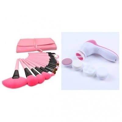 24 Piece Makeup Brush Set & 5 in 1 Deep Facial Cleanser & Massager Bundle