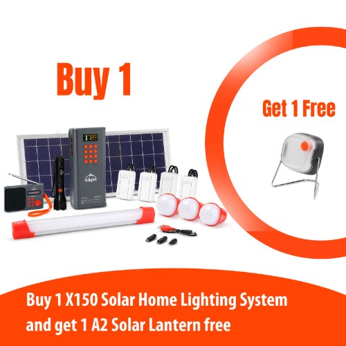 X150 Solar With 4 Lights, Radio, Torchlight, Charges Phone, 10hrs Light & Free A2 Lamp