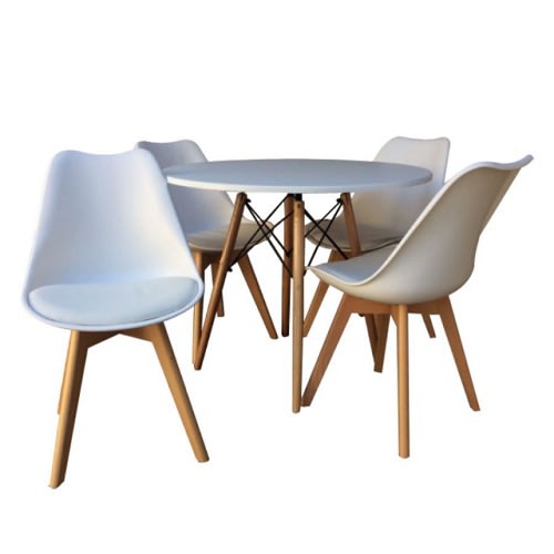 Modern Wooden Round Dining Table With 4pcs Of Soft Padded Chairs Set-white