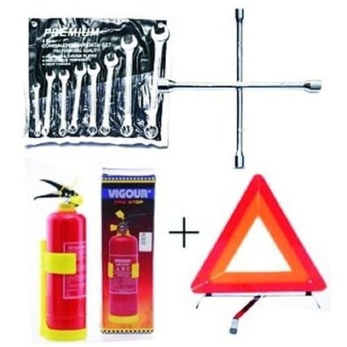 Caution Sign + Fire Extinguisher + Wheel Spanner + 8 Pcs Flat And Ring Spanner