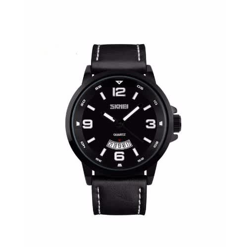 Men's Sports Quartz Military Auto Date Genuine Leather Watch- Black