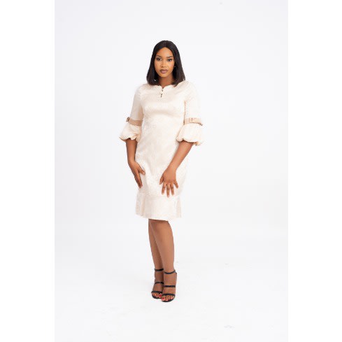 Cream Dress With Gathered Sleeve