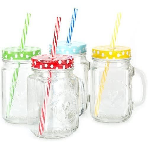 Mason Jar Mugs With Lid And Straw - 4 Pcs Multicolour