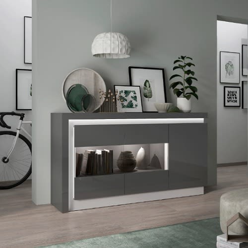Sadia-three Door Glazed Sideboard - Platinum/light Grey