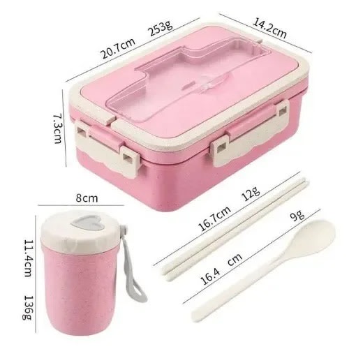 Full Set Microwave Lunch Box With Spoon / Chopsticks And Cup - Pink