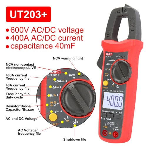 Ut203+ Digital Clamp Meter Multifunction Electrician Current Measurement With True Rms, Nc