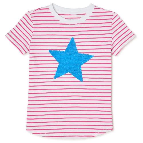 Girls Embellished Sequin Short Sleeve T-shirt &ndash; Pink Star