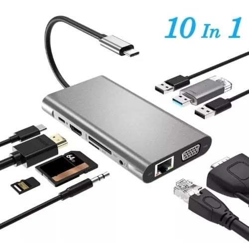 Usb Type-c Hub 9-in-1 To 2 Usb Sd Tf Card Lan Vga 4k Hdmi Usb-c - 3.5mm Aux Jack Adapter