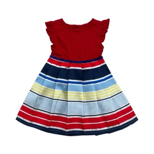 Multicolored Pleated Flare Shoulder Dress