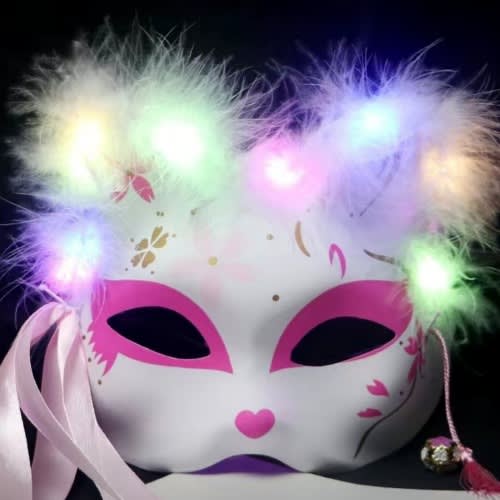 Led Japanese Fox Mask With Feathers - Pink