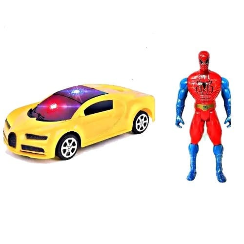 Spider Man Super Hero Toy + Yellow Battery Powered Siren Toy Car For Children