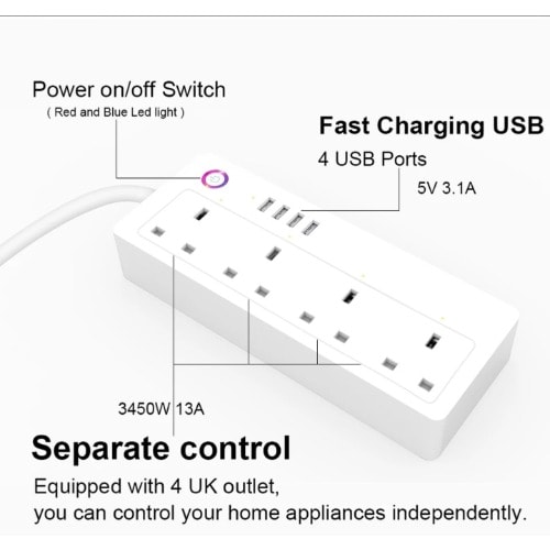 Tuya 13A Smart Wifi Power Strip Extension With 4 Individually Controlled AC Sockets - 4 USB
