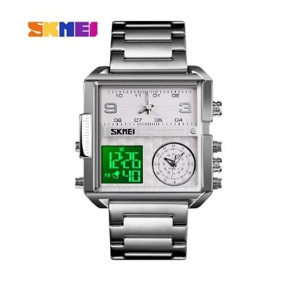 Stainless Steel Men's Square Wrist Watch - Silver