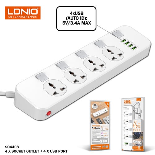 Sc4408 Power Socket With 4 Socket Outlets And 4 Usb Charging Port 2500w