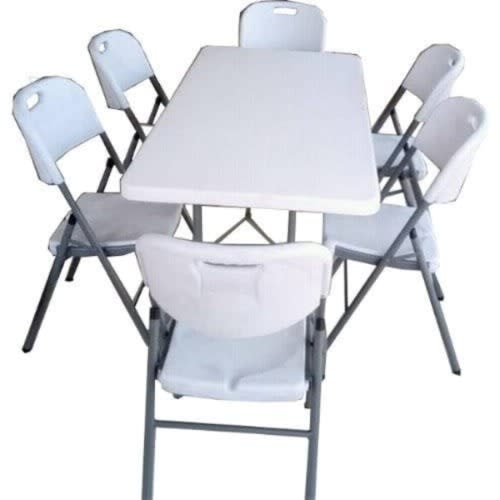 Rectangle Plastic Table With 4 Foldable Metal Legs And 6 Foldable Iron Leg Chair