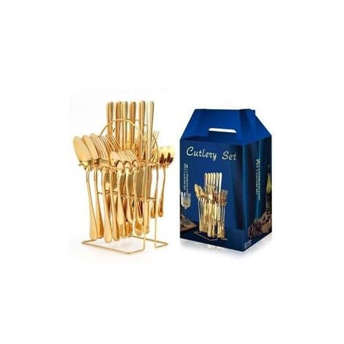 Gold Stainless Steel Spoons & Forks With Rack
