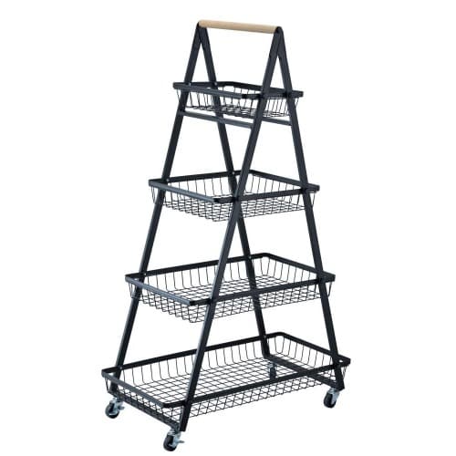 Multi purpose foldable black 4-tier steel utility rolling storage trolley
