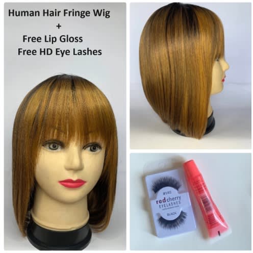 Human Hair Fringe Wig + Free Hd Eye Lashes & Lip Gloss