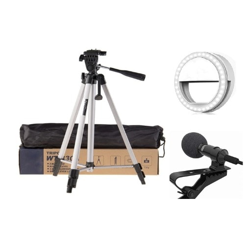 Tripod 3110 Stand Holder + Phone Selfie Ring Light + 3.5mm Lapel Mic