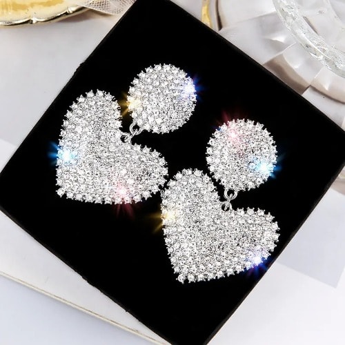 Heart Rhinestone Earrings - Silver