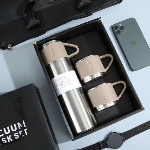 Vacuum Flask Set + Extra 2 Cups -  500ml - Silver/Steel