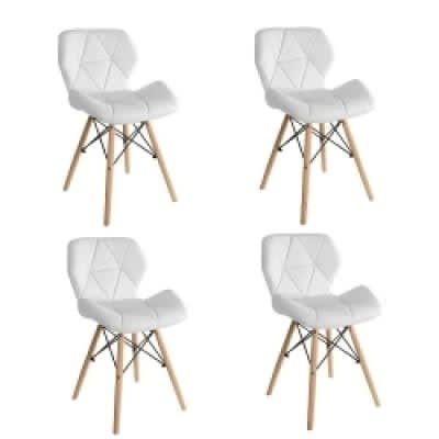 Dinning Leather Chair With Wooden Leg- Set Of 4- White