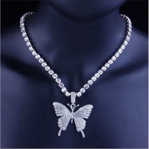 Studded Necklace With Butterfly Pendant - Silver
