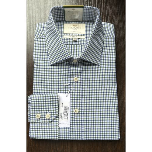 Men's Green & Navy Grid Check Slim Fit Shirt - Single Cuff