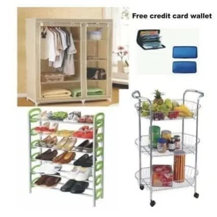 Movable Wardrobe + 6 Layer Shoe Rack & Oval Storage Cart