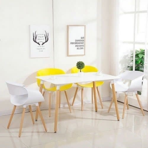 Rectangular Dining Table + 4 Plastic Curl Ribbon Chairs Yellow And White