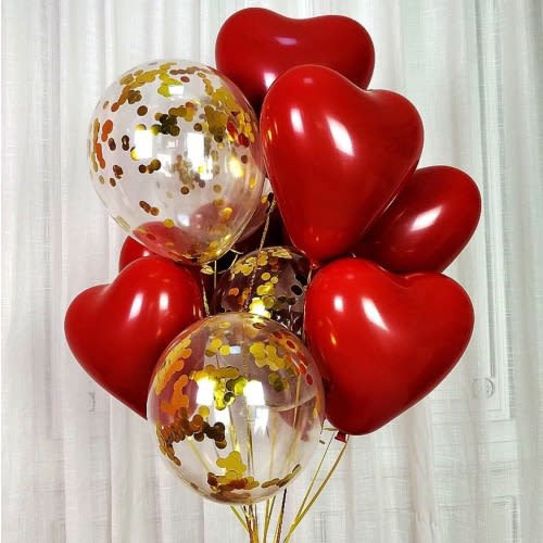 Red Ruby Promagnate Heart Shaped + Helium Glitter Balloon Set - 6 pieces + 2 Glitter Balloons