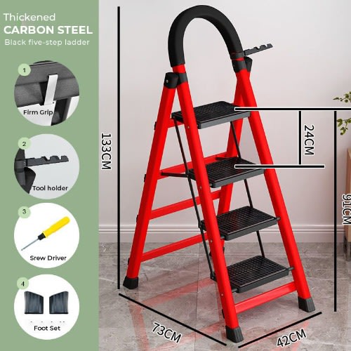 4 Steps Steel Ladder - Multipurpose Ladder For Home, Office - Red