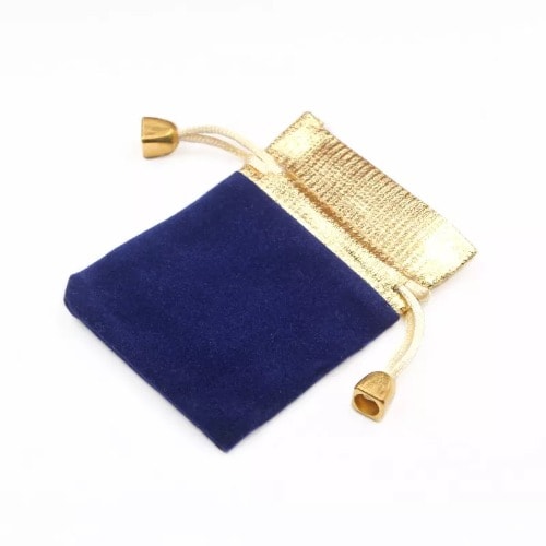 1 Pc Velvet Bead Drawstring Jewelry Pouch - Blue & Gold - 12 by 9cm