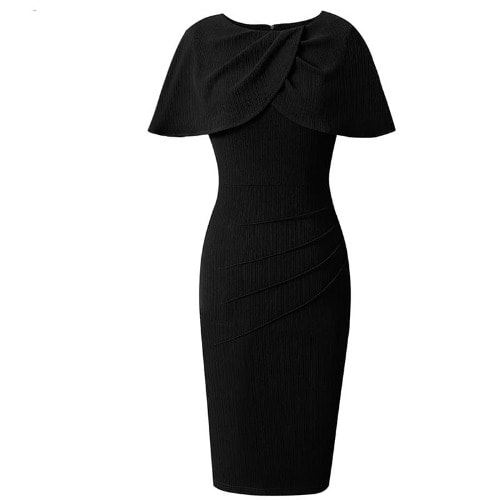 Cape Ruched Pencil Dress- Black