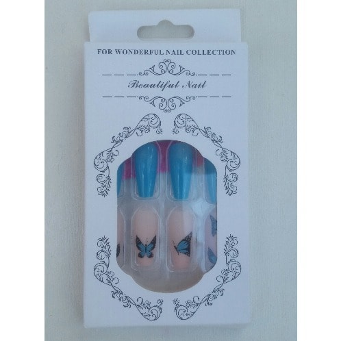 Butterfly Design Press On Acrylic Nails Kit - 24 Pieces - Blue And Pink