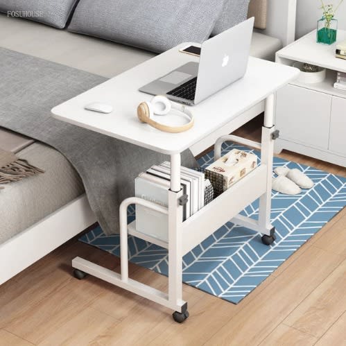 Laptop Table With Adjustable Height And Wheels - 2 Layers - White