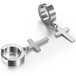 Stainless Steel Cross Dangle Hinged Hoop Men's  Earrings Silver