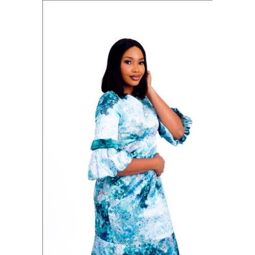 Zipper Front Bra-cut Multi Green Dress With Gathered Sleeve Attachments Lg-9041