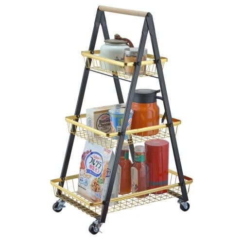 Multi Purpose Foldable Black 3-tier Steel Utility Rolling Storage Trolley